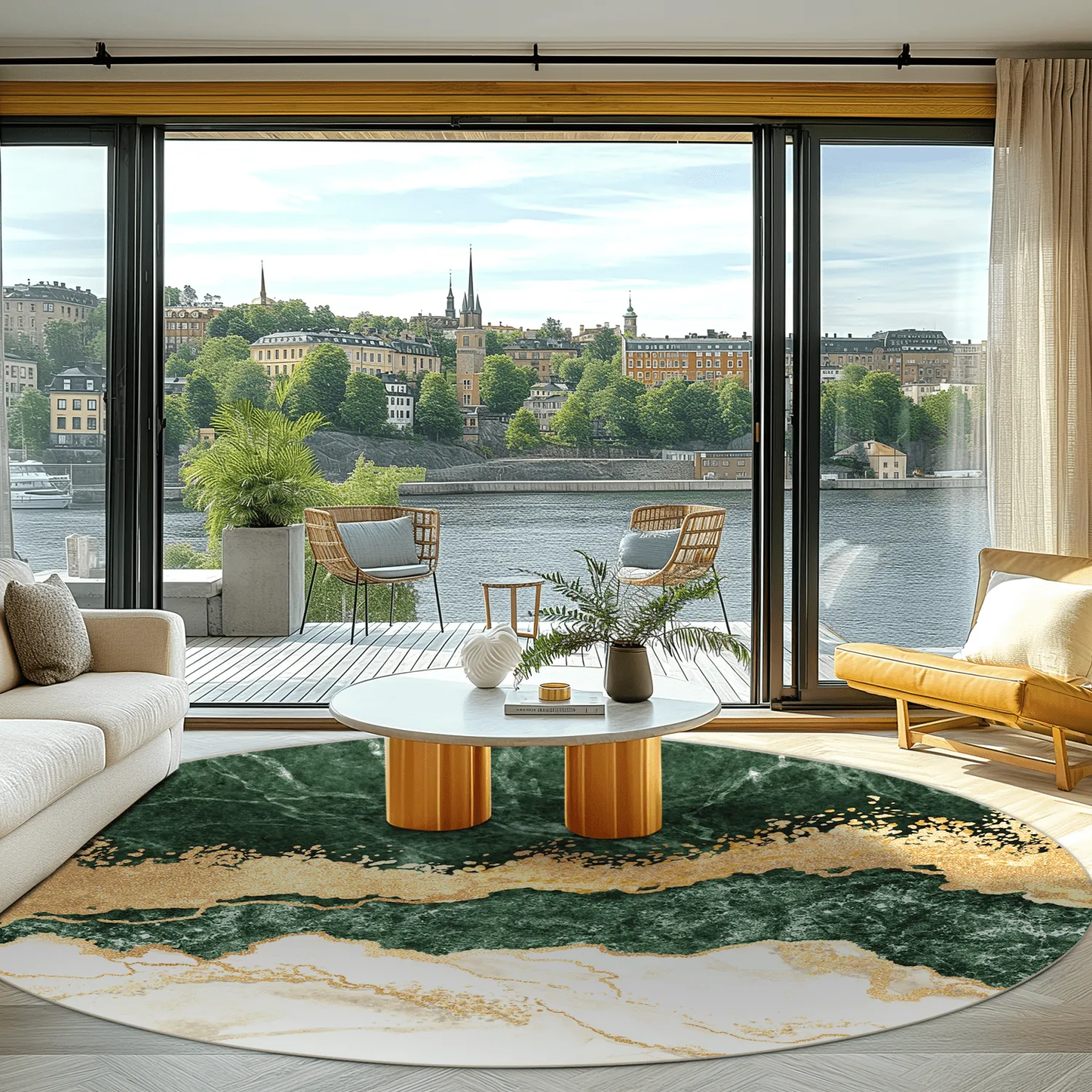 Kruhový koberec - Padova (zelená/biela/zlatá)