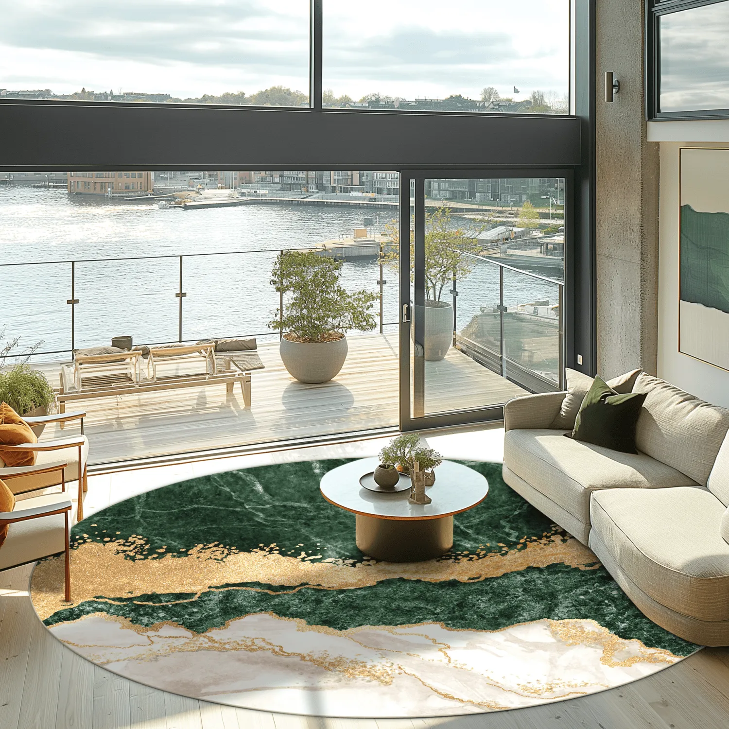 Kruhový koberec - Padova (zelená/biela/zlatá)