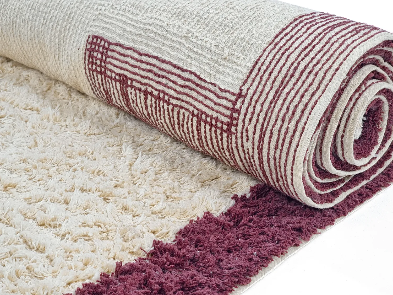 Kruhový koberec - Ricco Natural Cotton Shaggy (offwhite/bordó)