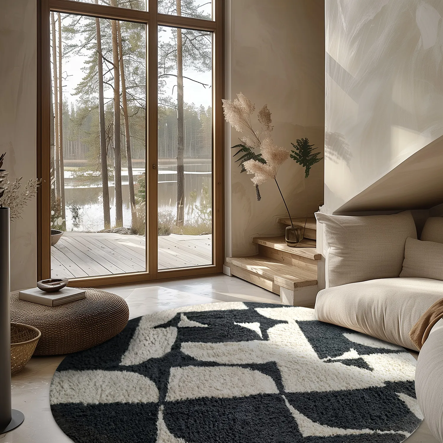 Kruhový koberec - Siberia Natural Cotton Shaggy (offwhite/čierny)