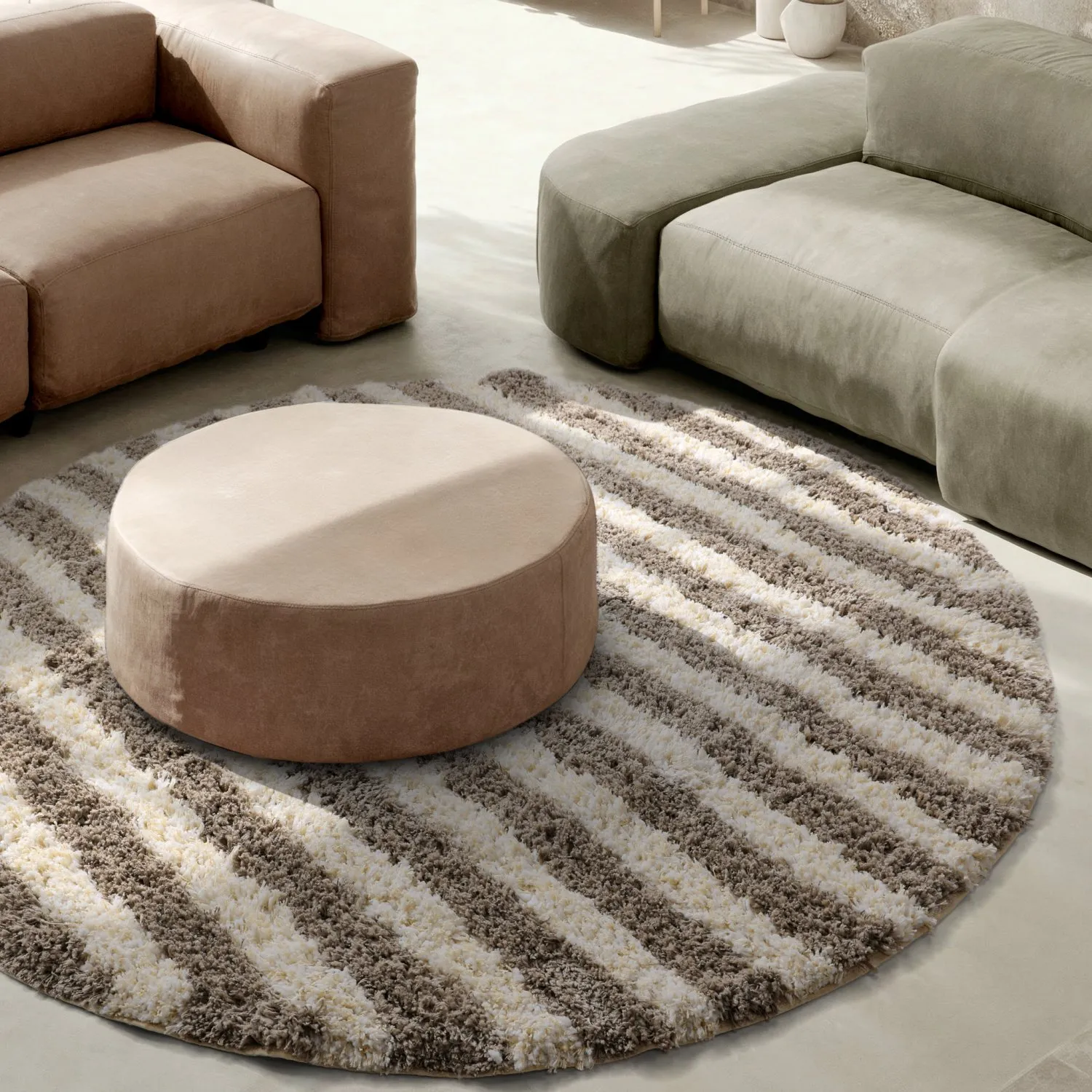 Rund matta - Thira Stripe Cotton Shaggy (creme/taupe)