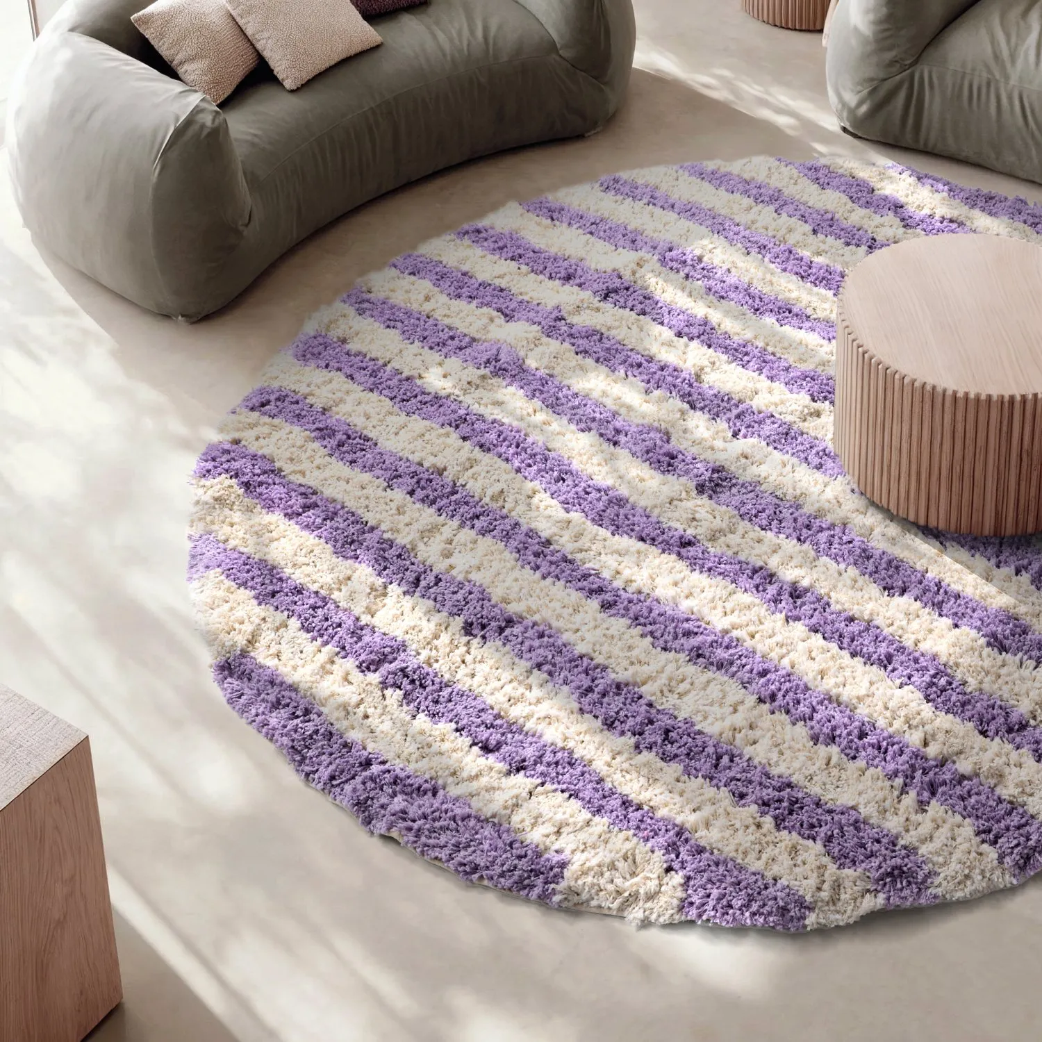 Kruhový koberec - Thira Stripe Cotton Shaggy (krém/svetlofialová)