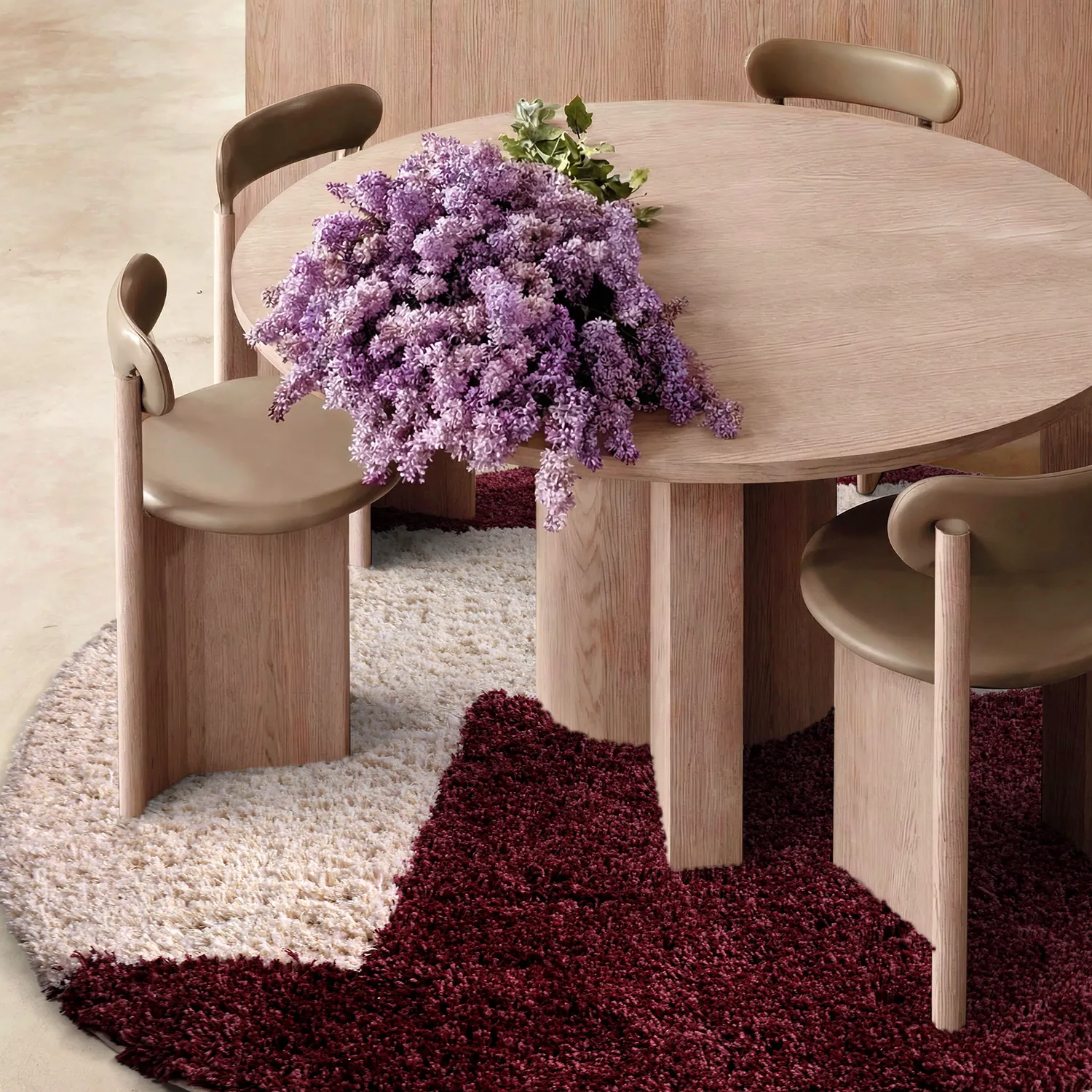 Rund matta - Begur Natural Cotton Shaggy (offwhite/vinröd)