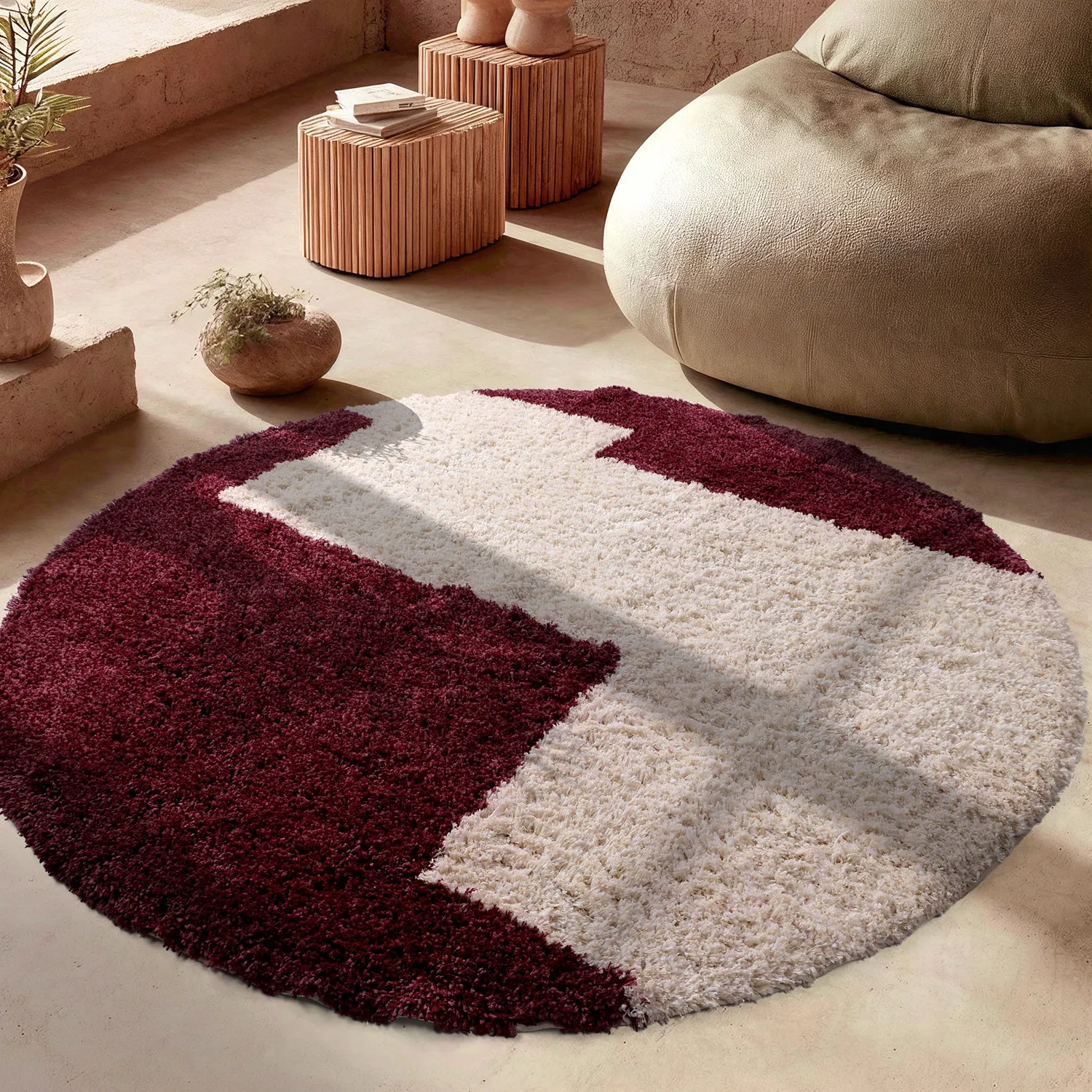 Rund matta - Begur Natural Cotton Shaggy (offwhite/vinröd)