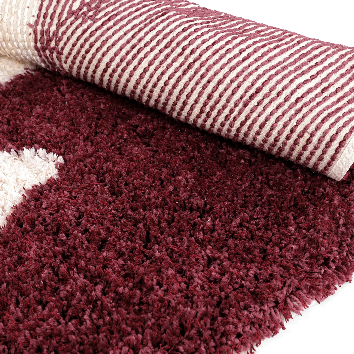 Rund matta - Begur Natural Cotton Shaggy (offwhite/vinröd)