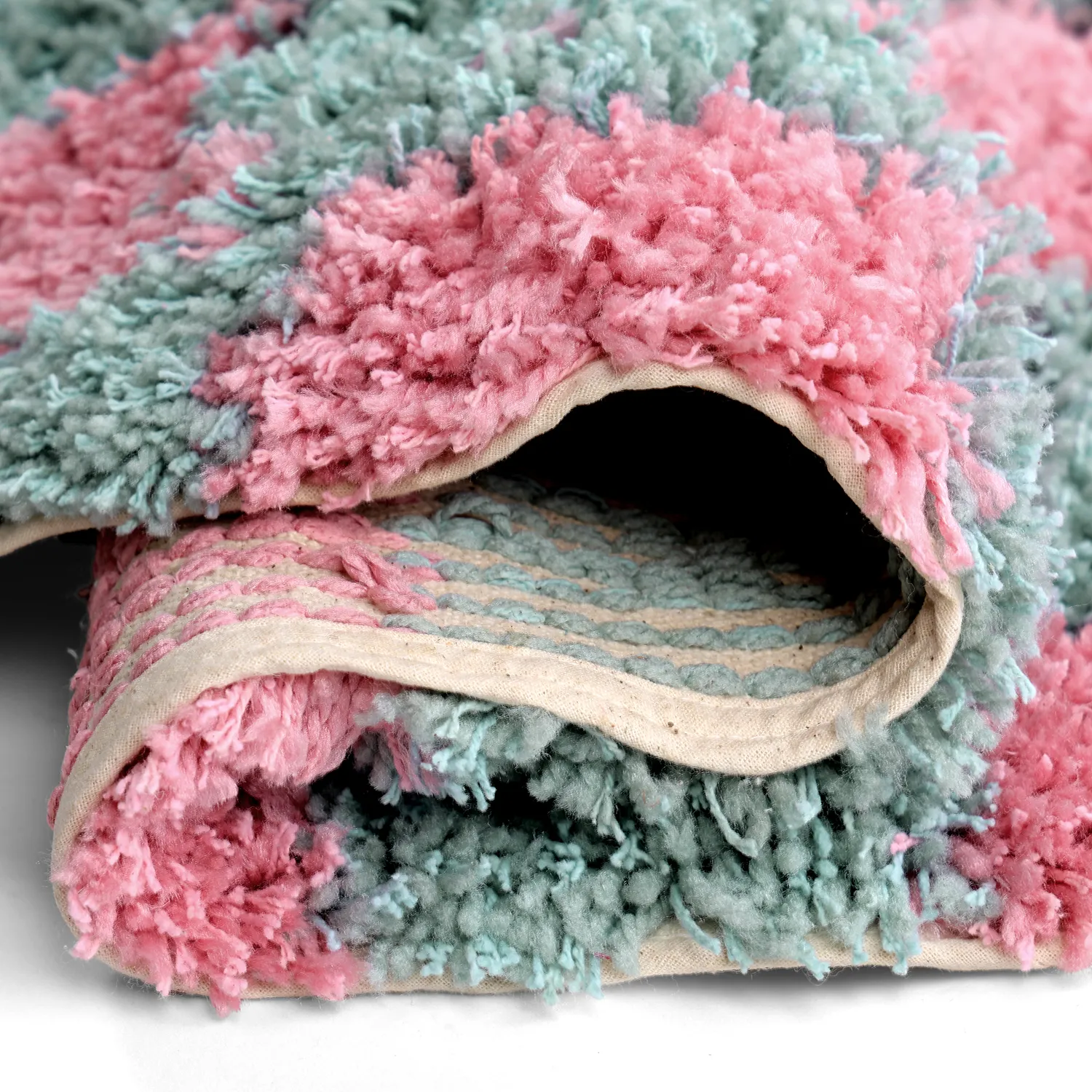 Rund matta - Methoni Check Cotton Shaggy (ljusblå/ljusrosa)