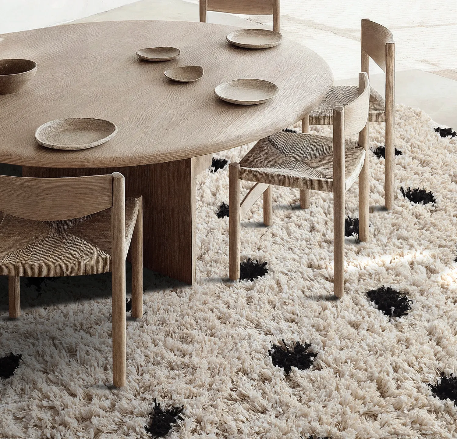 Rund matta - Soria Natural Cotton Shaggy (offwhite/svart)