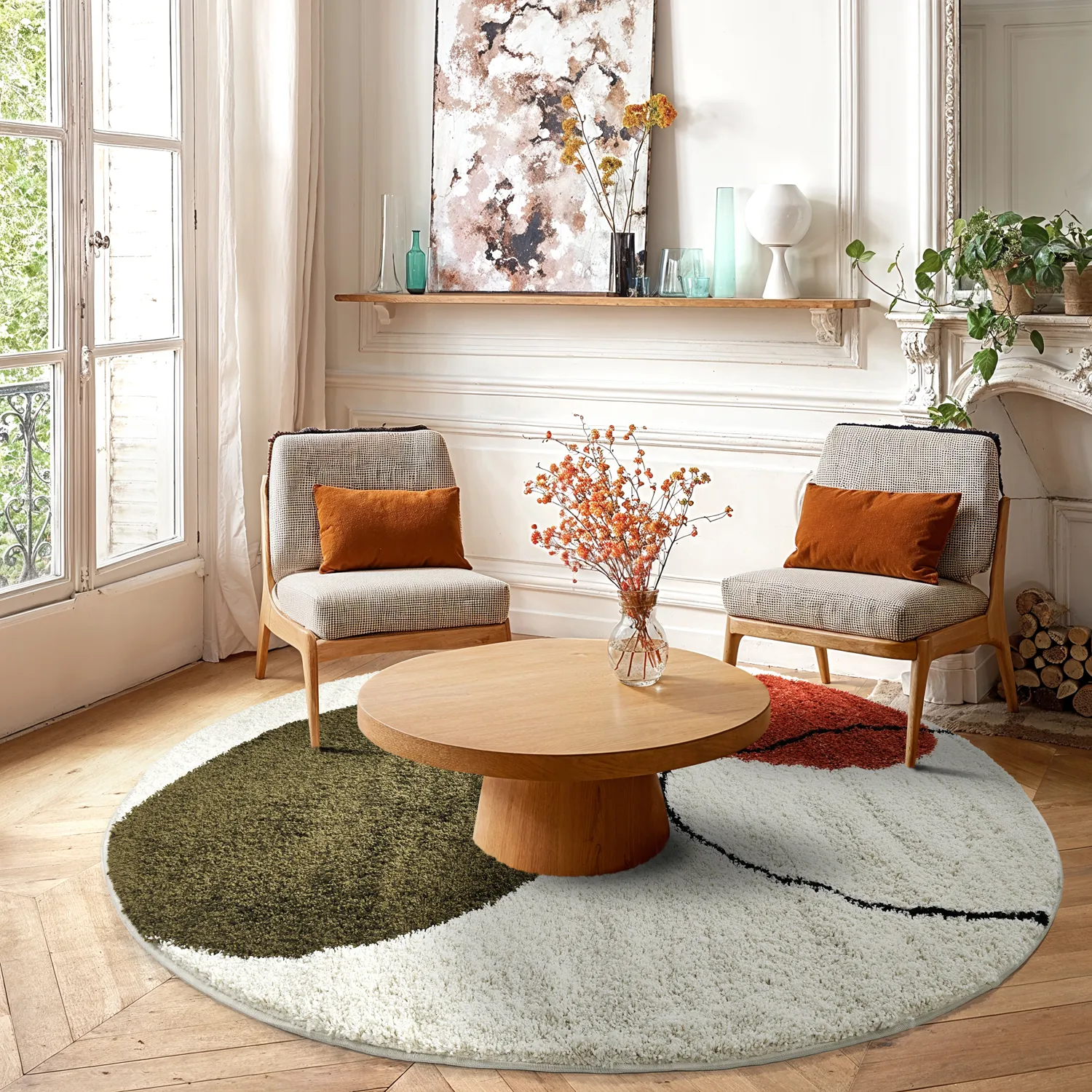 Koberce okrúhle - Sanghar (biela/oranžová/zelená)