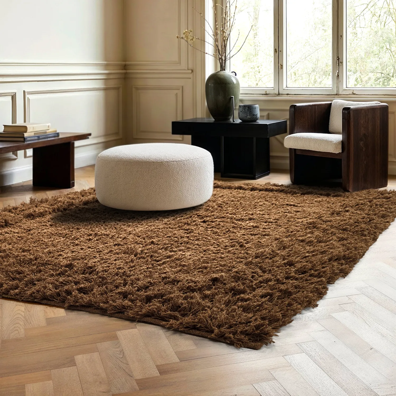 Koberce s dlhým vlasom - Melilla ručne tkaná vlnená shaggy (hnedá)