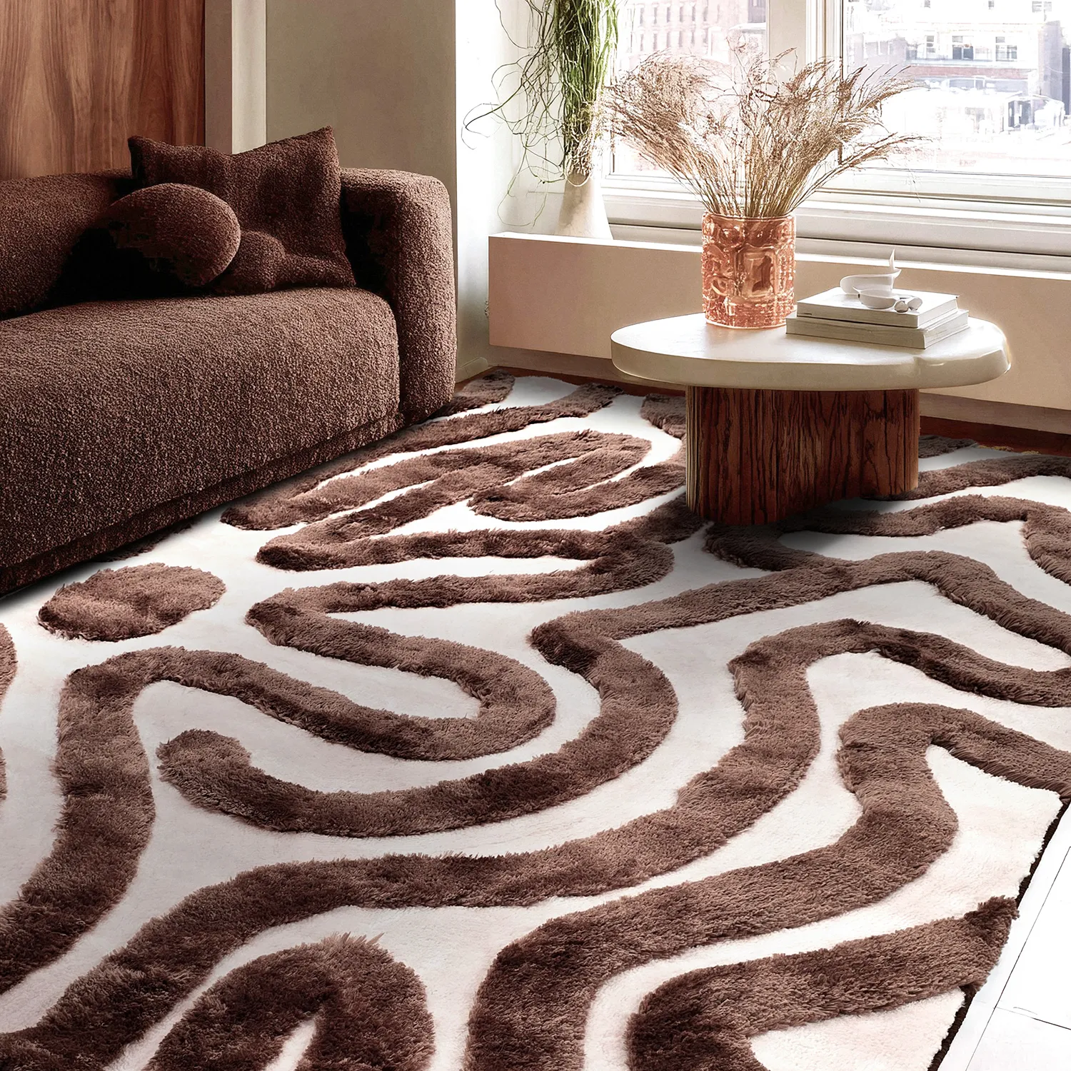 Koberce s dlhým vlasom - Akaba (hnedá/svetloružová)