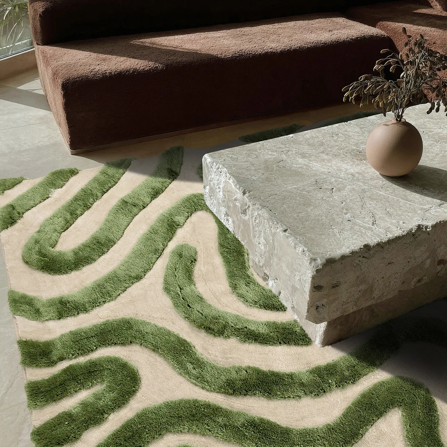 Koberce s dlhým vlasom - Akaba (krémová/zelená)