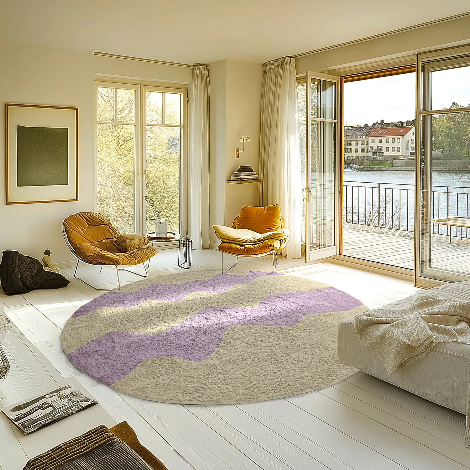 Kolo koberce - Amira Natural Cotton Shaggy (béžová/fialová)