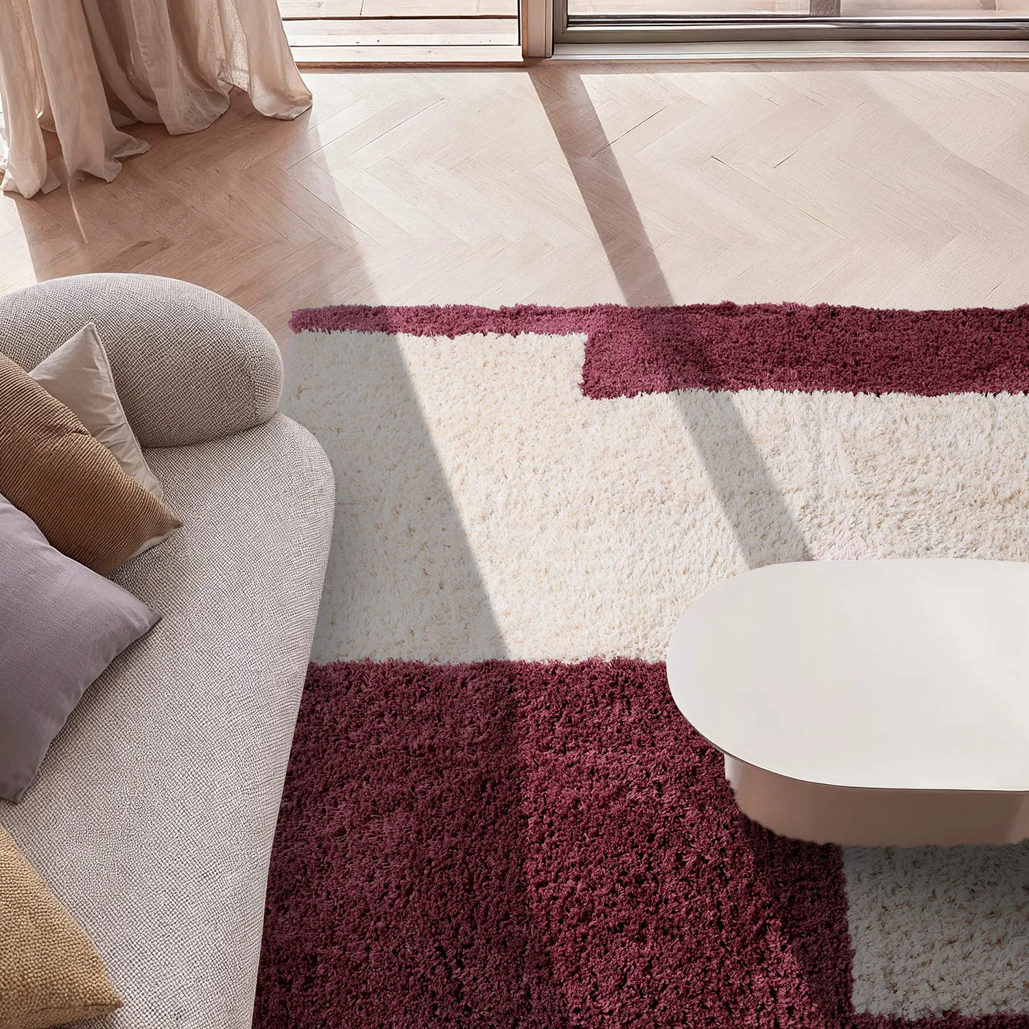 Ryamattor - Begur Natural Cotton Shaggy (offwhite/vinröd)
