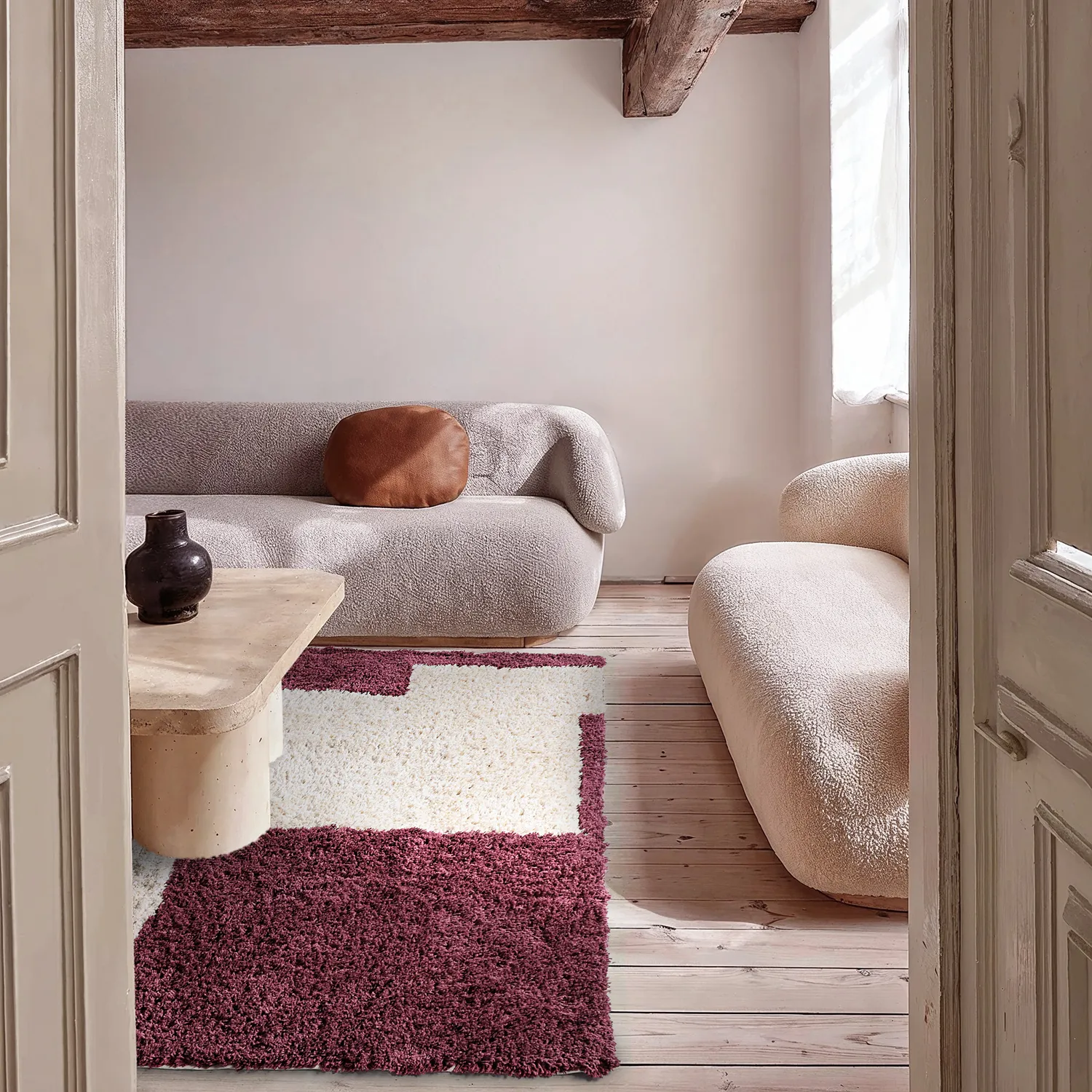 Ryamattor - Begur Natural Cotton Shaggy (offwhite/vinröd)