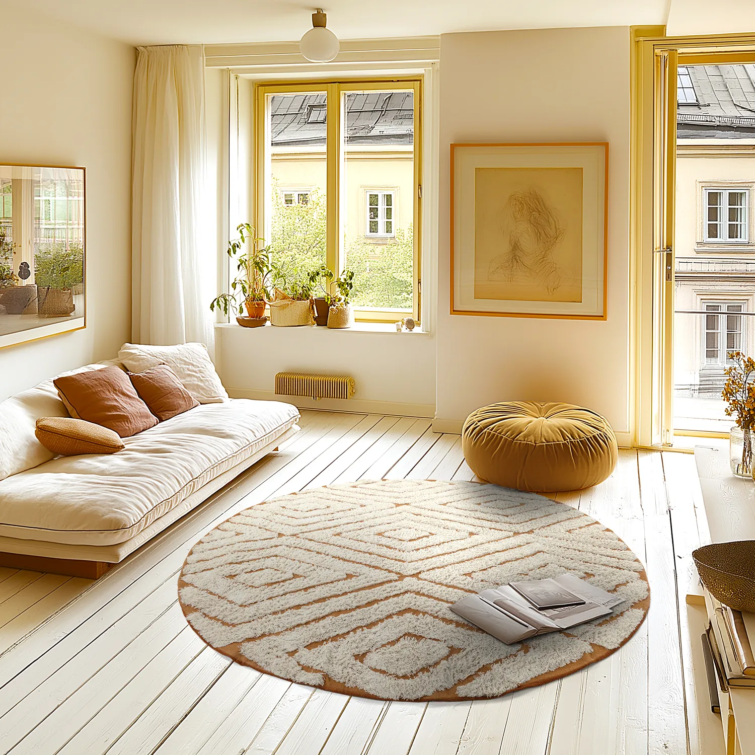 Kruhový koberec - Holwell Natural Cotton Shaggy (špinavá biela/hnedá)