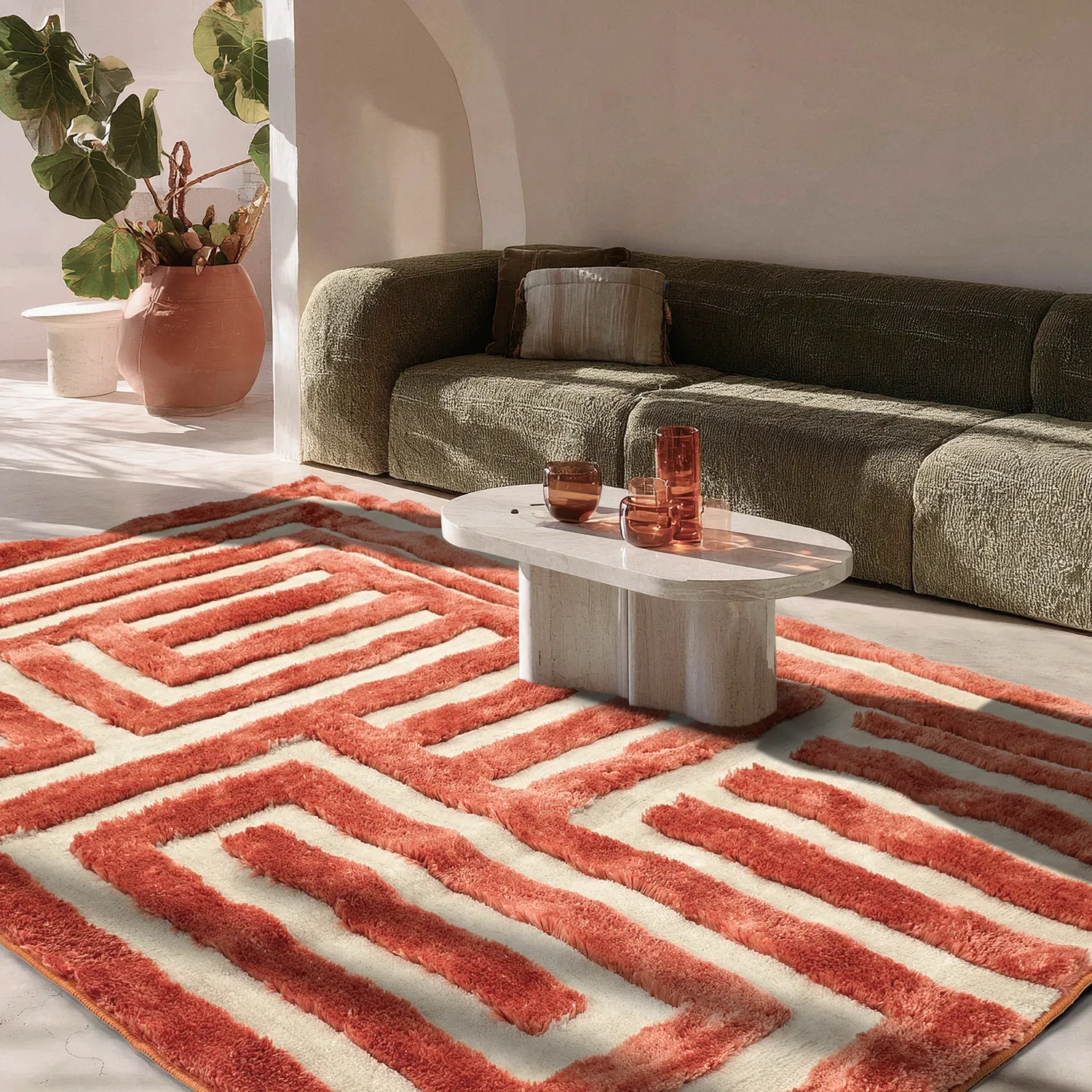 Koberce s dlhým vlasom - Karbala (krémová/červená)