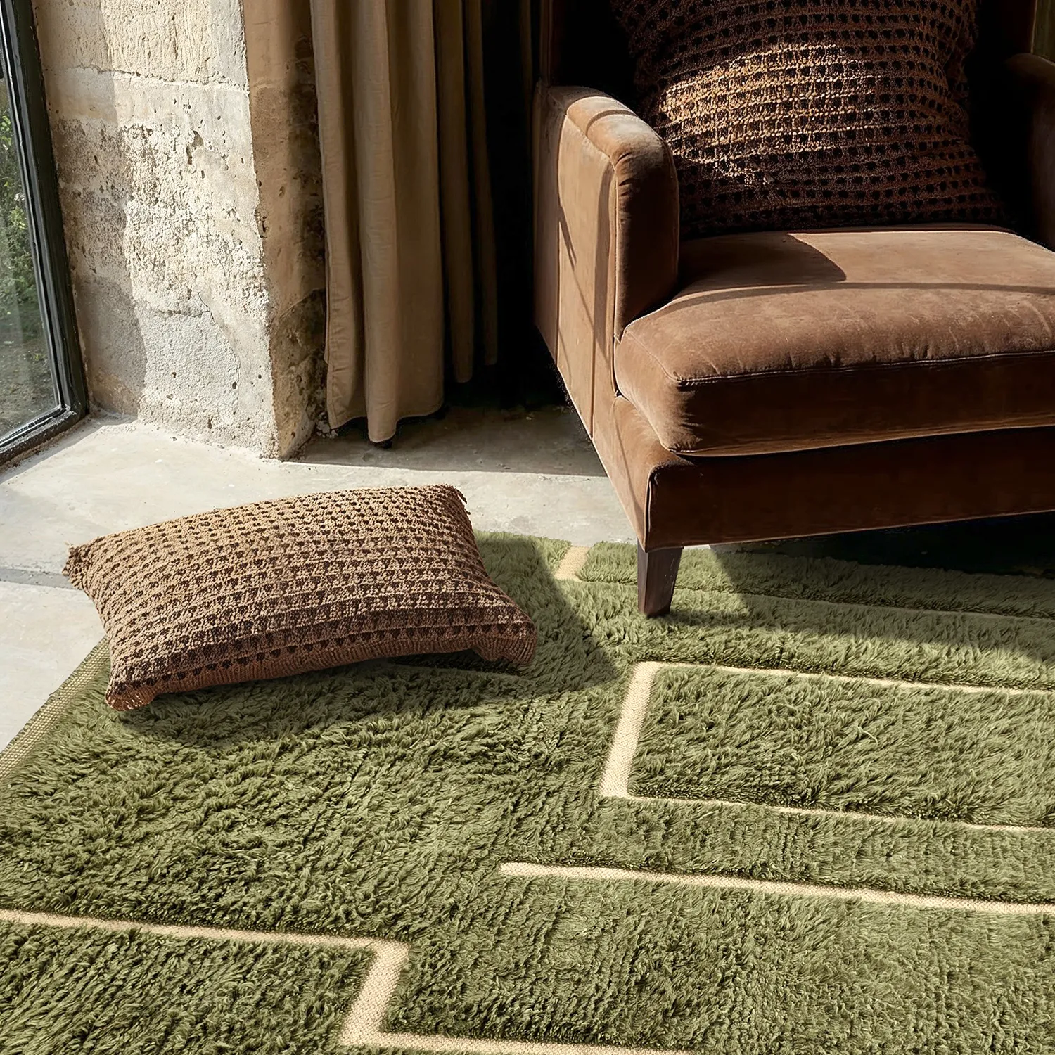 Koberce s dlhým vlasom - Kiberg ručne tkaná vlnená shaggy (zelená)