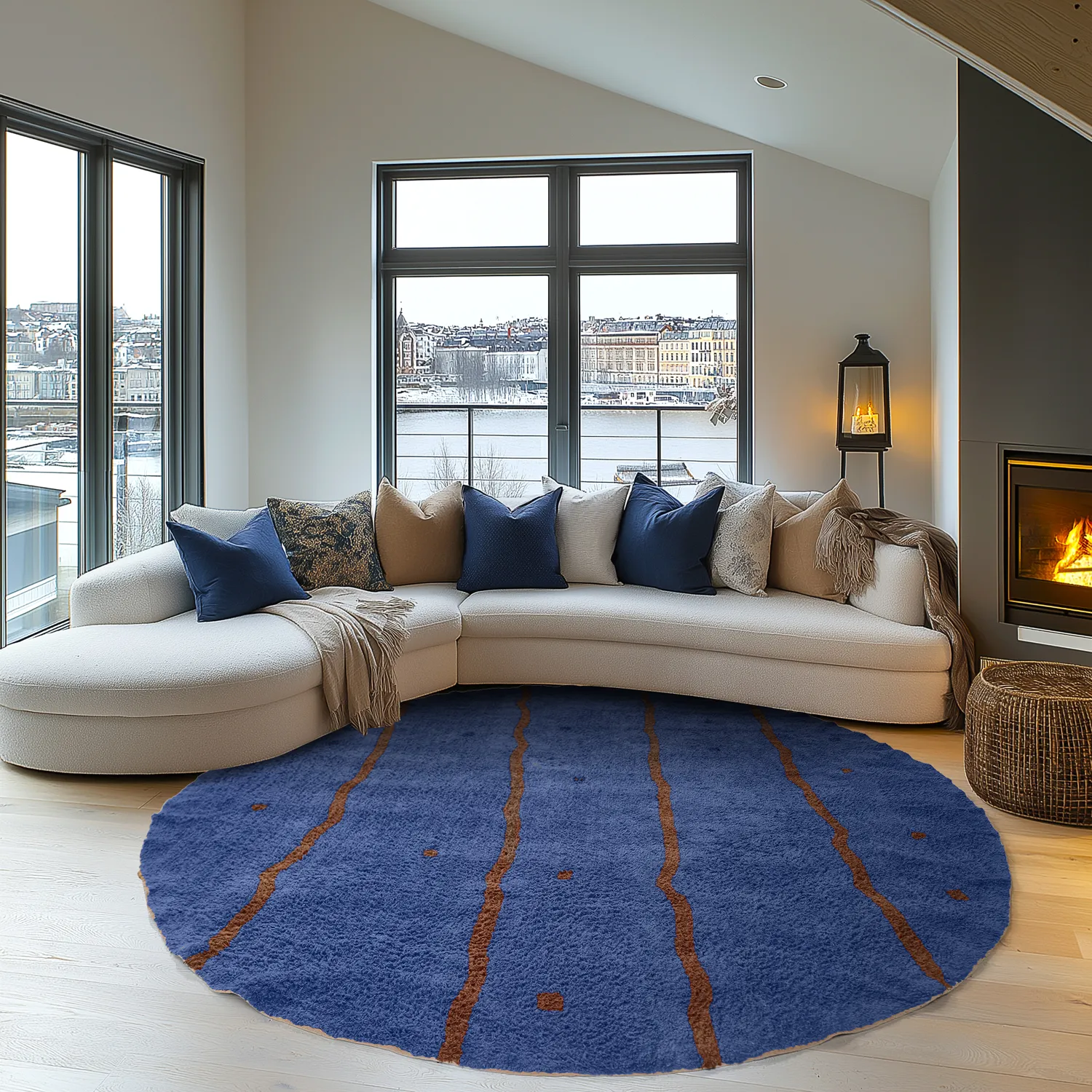 Kolo koberce - Leora Natural Cotton Shaggy (modrá/hnedá)