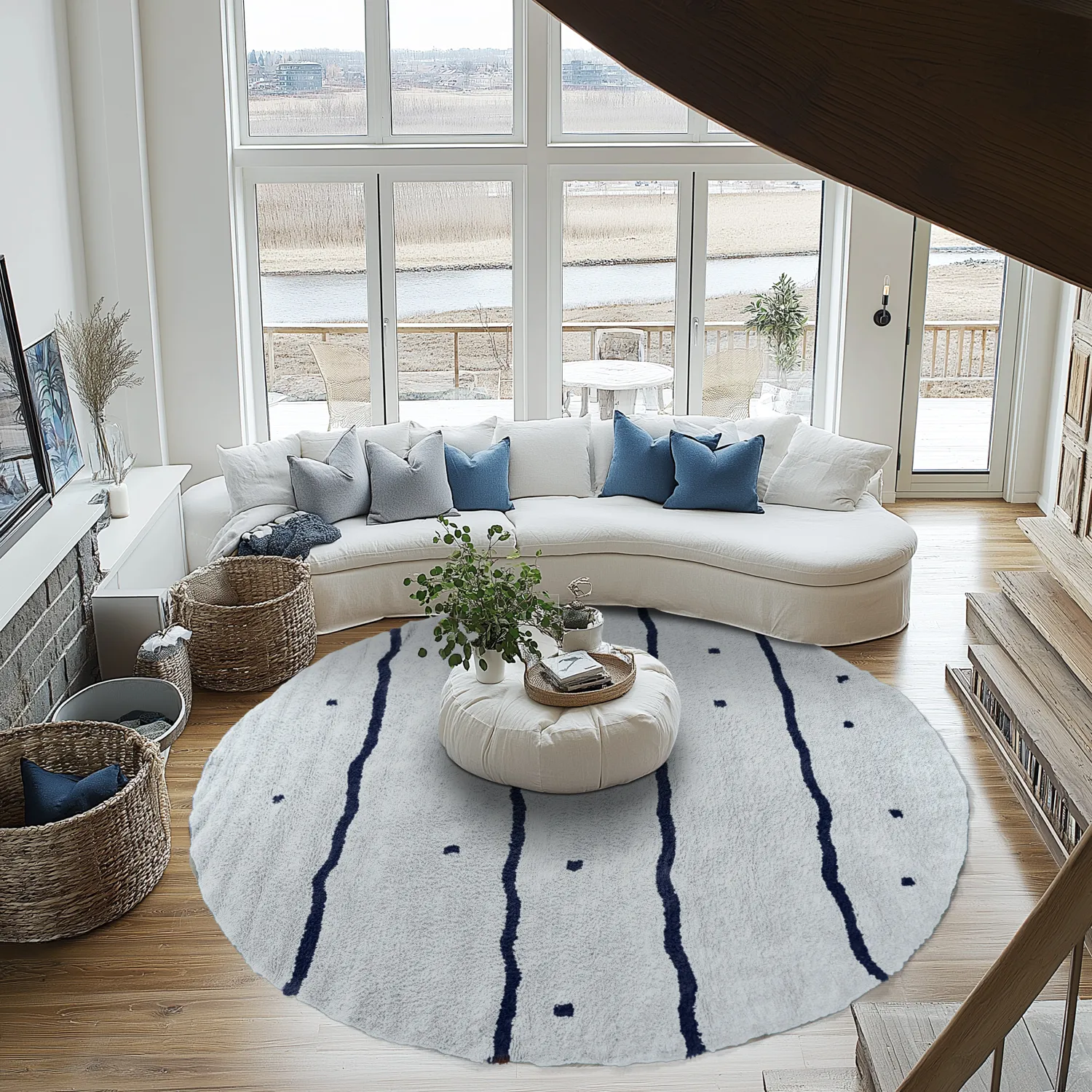 Kolo koberce - Leora Natural Cotton Shaggy (šedá/modrá)