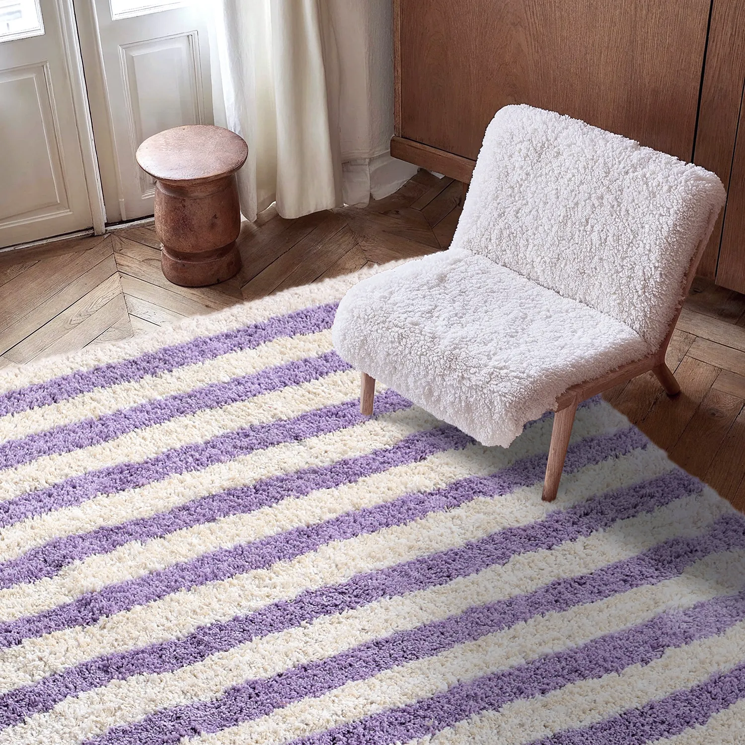 Koberce s dlhým vlasom - Thira Stripe Cotton Shaggy (krém/svetlofialová)