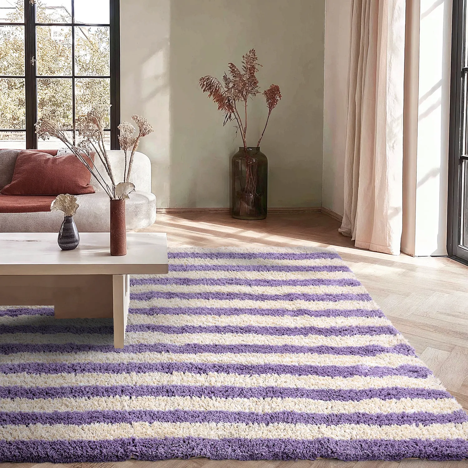 Koberce s dlhým vlasom - Thira Stripe Cotton Shaggy (krém/svetlofialová)
