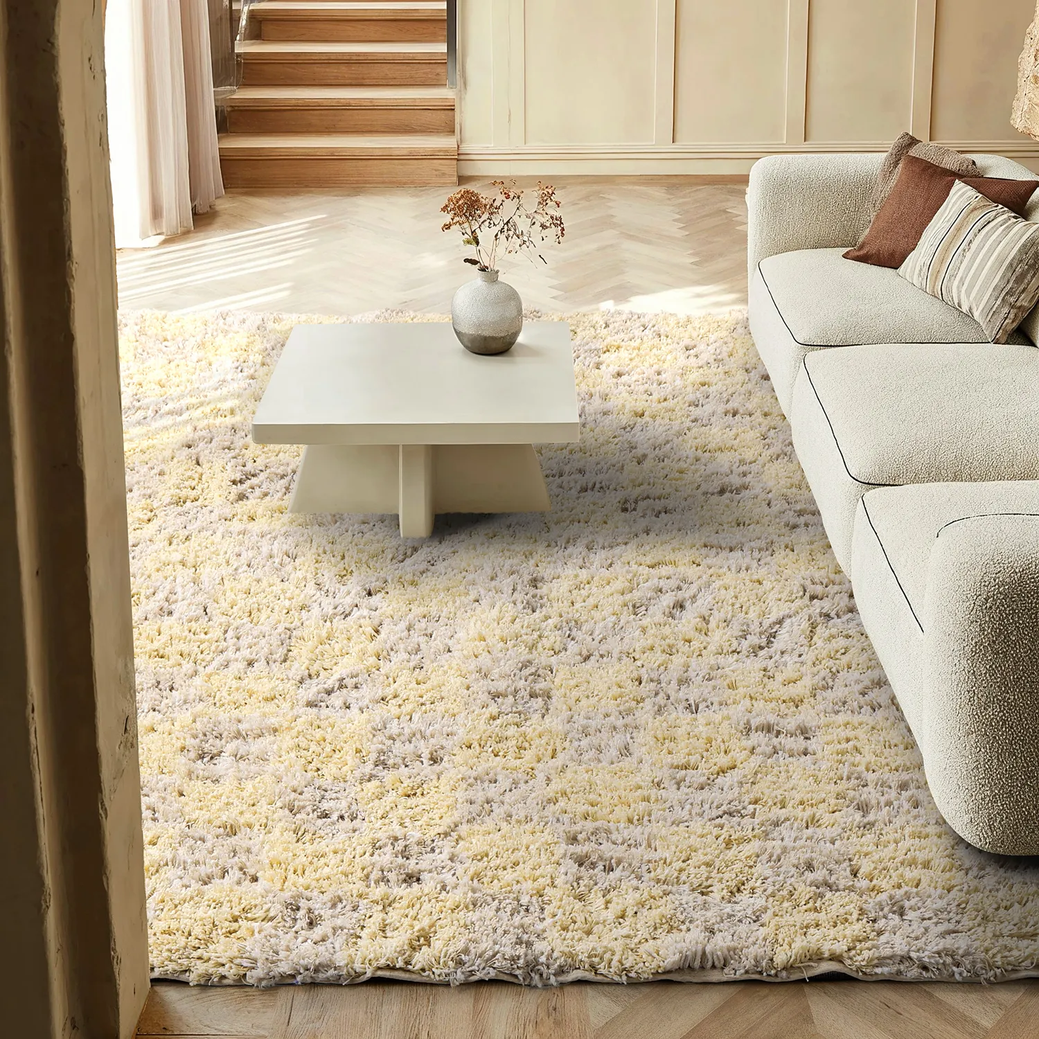 Ryamattor - Methoni Check Cotton Shaggy (creme/ljusgul)