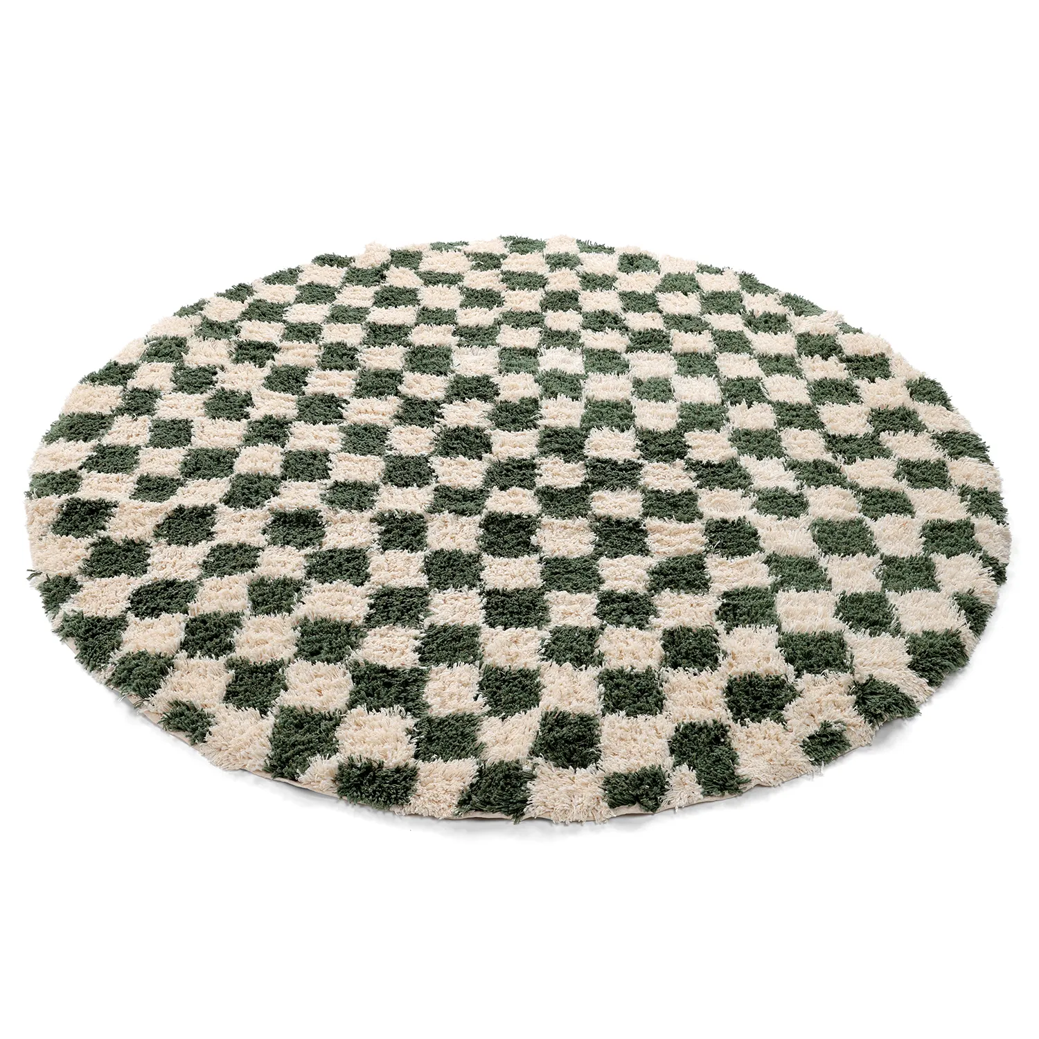 Rund matta - Methoni Check Cotton Shaggy (creme/grön)