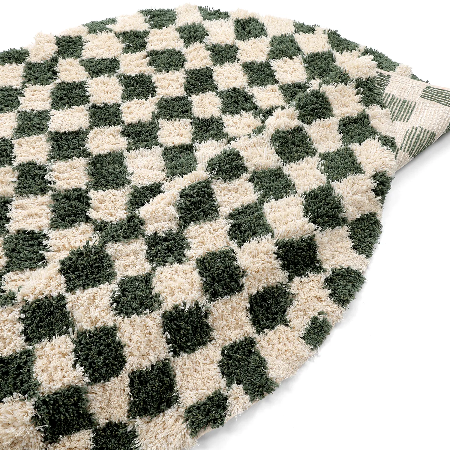 Rund matta - Methoni Check Cotton Shaggy (creme/grön)