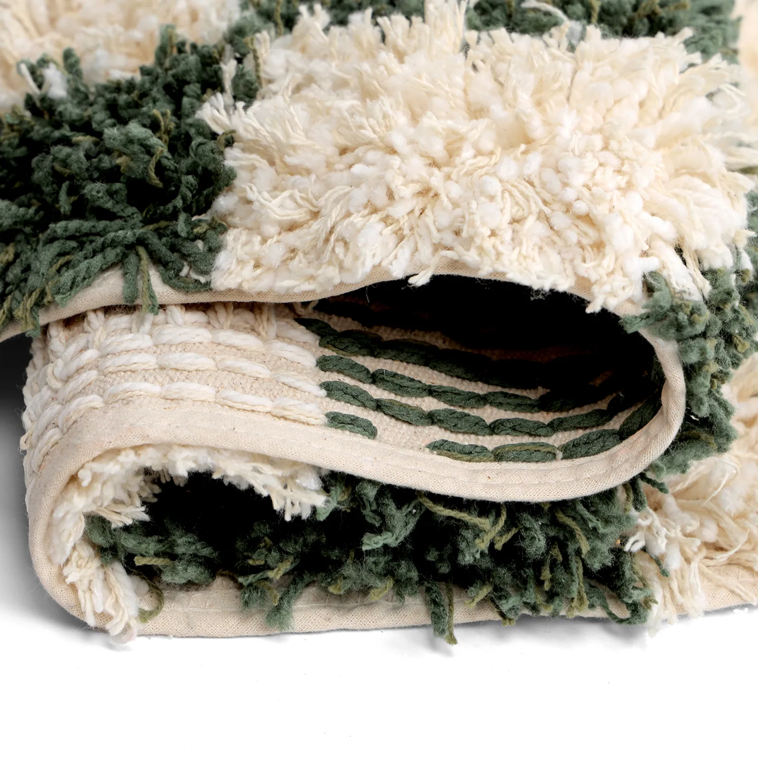 Rund matta - Methoni Check Cotton Shaggy (creme/grön)