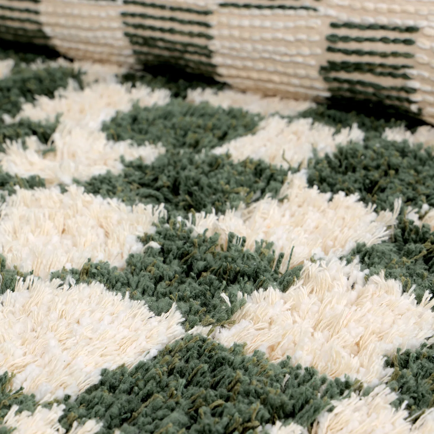 Rund matta - Methoni Check Cotton Shaggy (creme/grön)