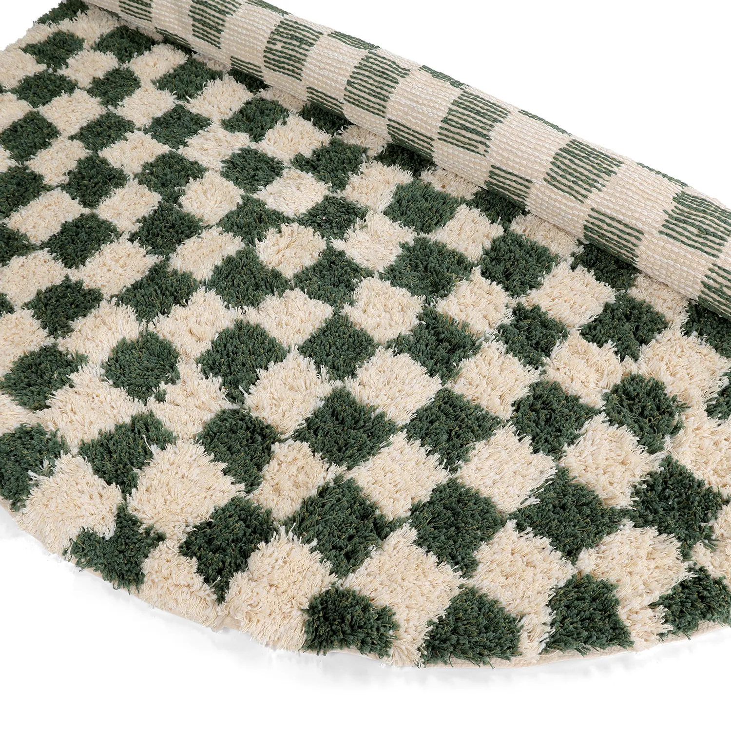 Rund matta - Methoni Check Cotton Shaggy (creme/grön)