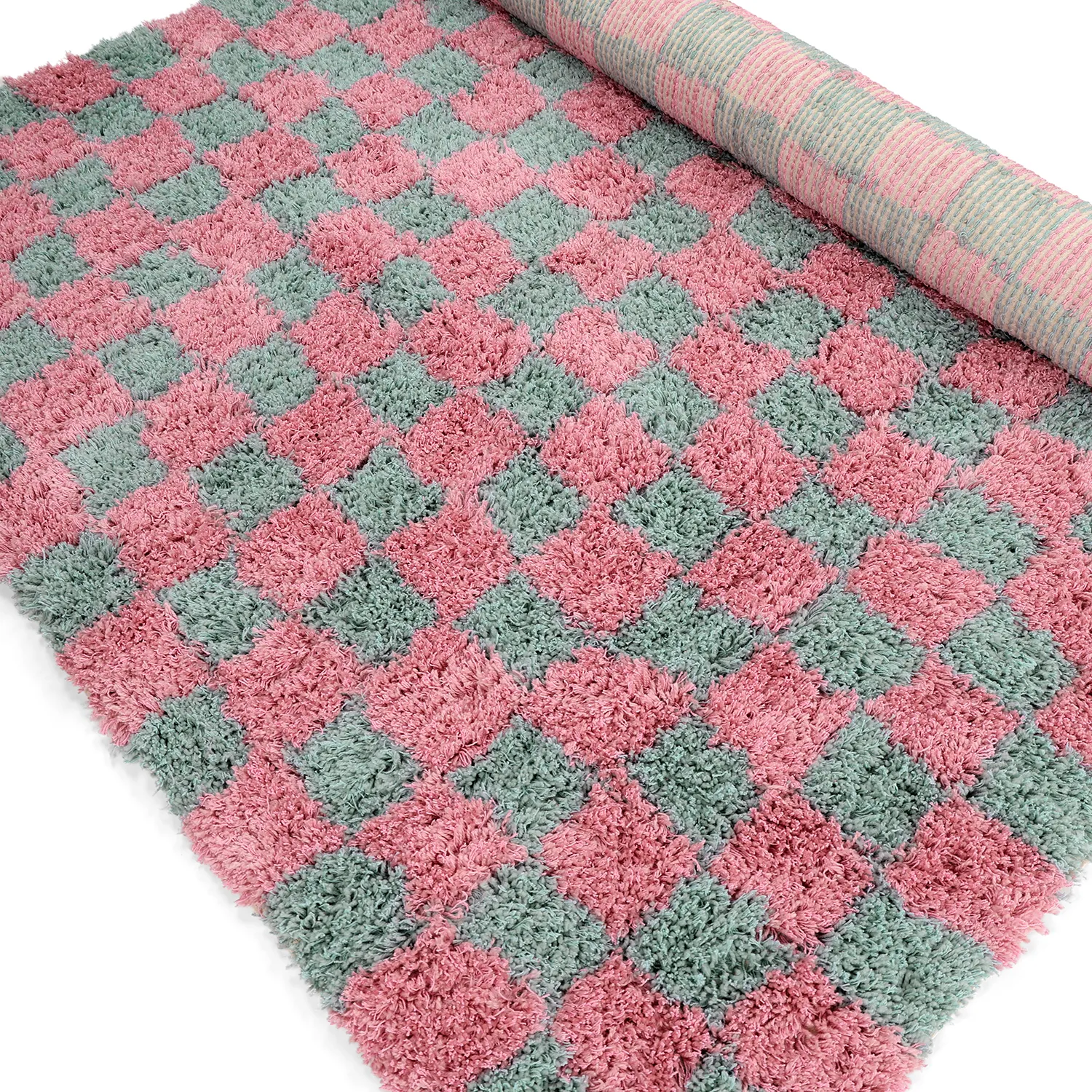 Ryamattor - Methoni Check Cotton Shaggy (ljusblå/ljusrosa)