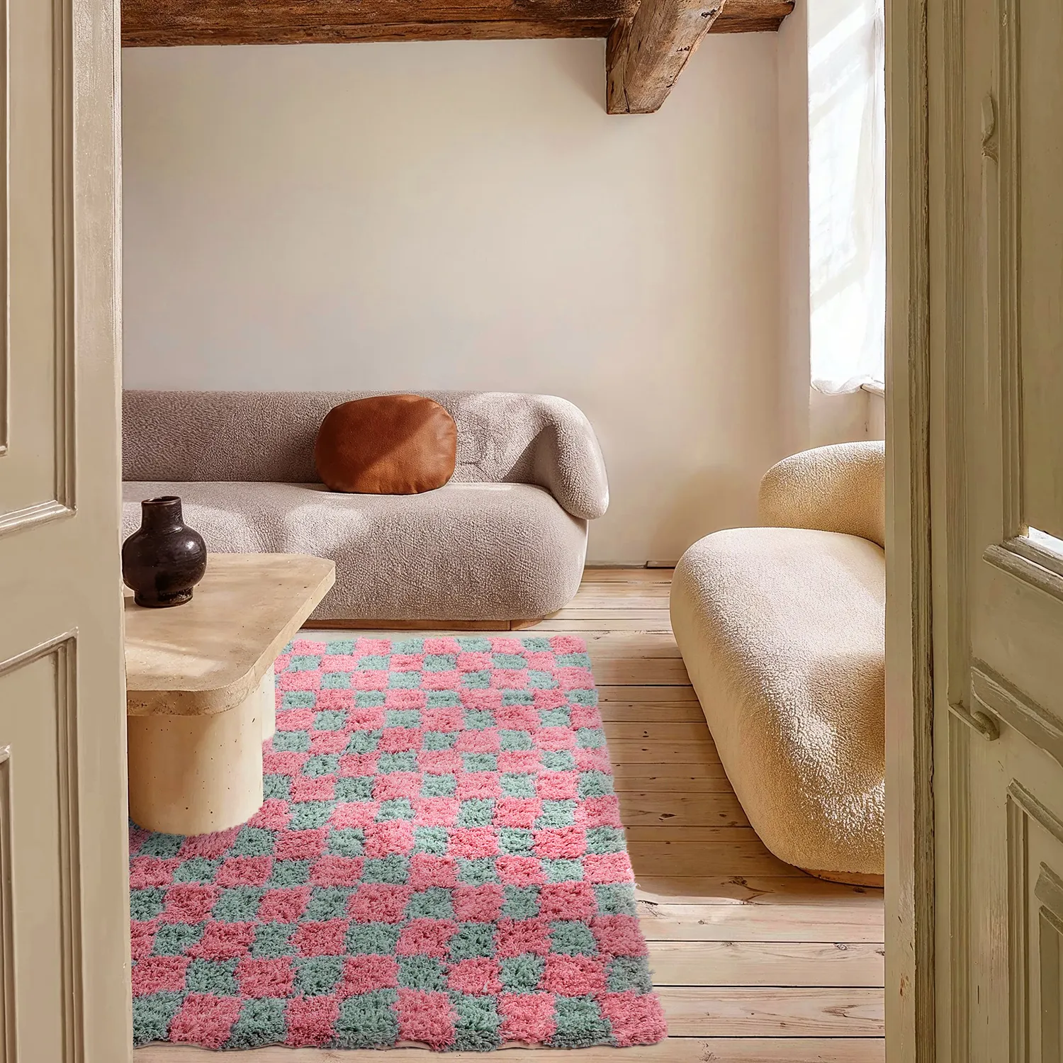 Ryamattor - Methoni Check Cotton Shaggy (ljusblå/ljusrosa)