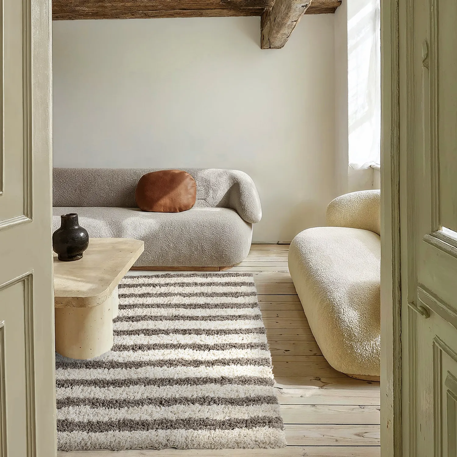 Ryamattor - Thira Stripe Cotton Shaggy (creme/taupe)