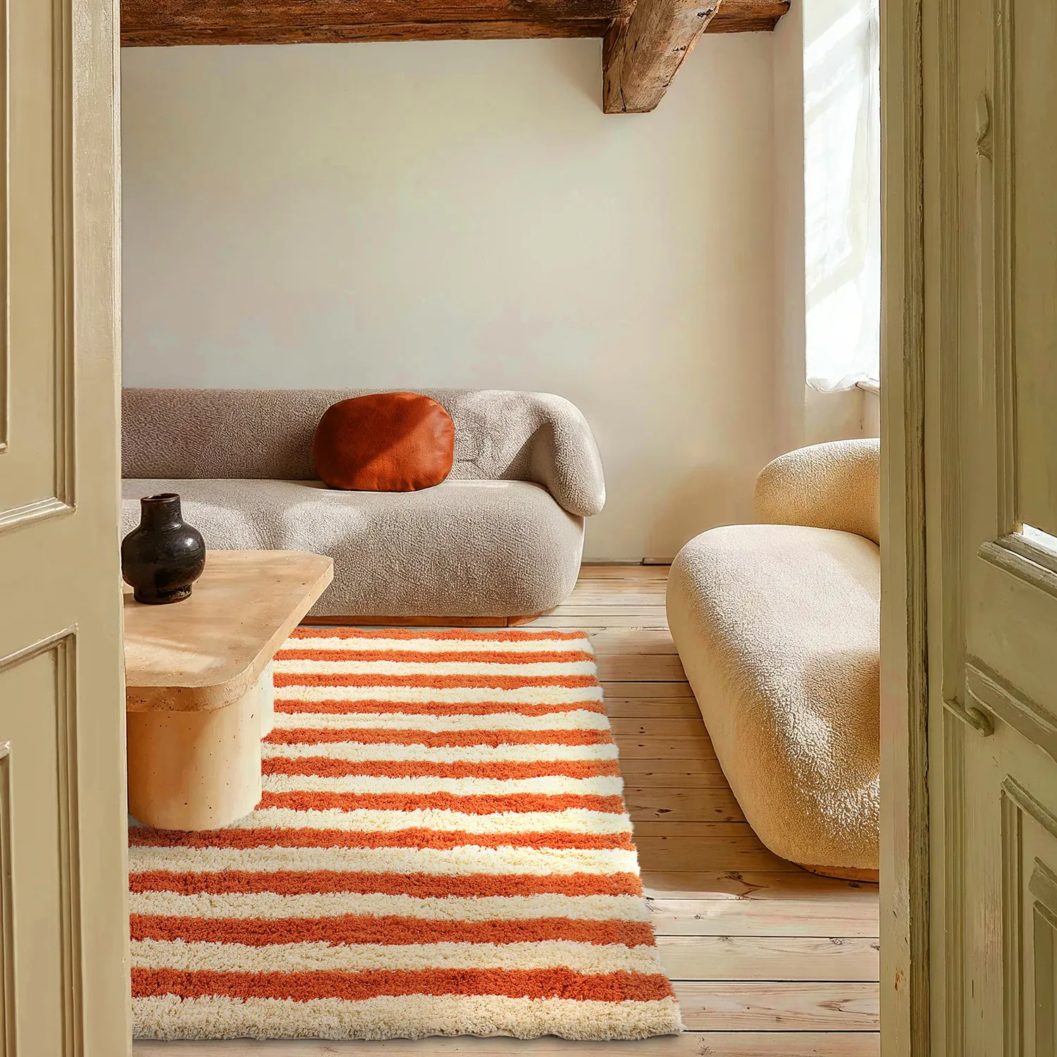 Ryamattor - Thira Stripe Cotton Shaggy (ljusgul/ljusorange)