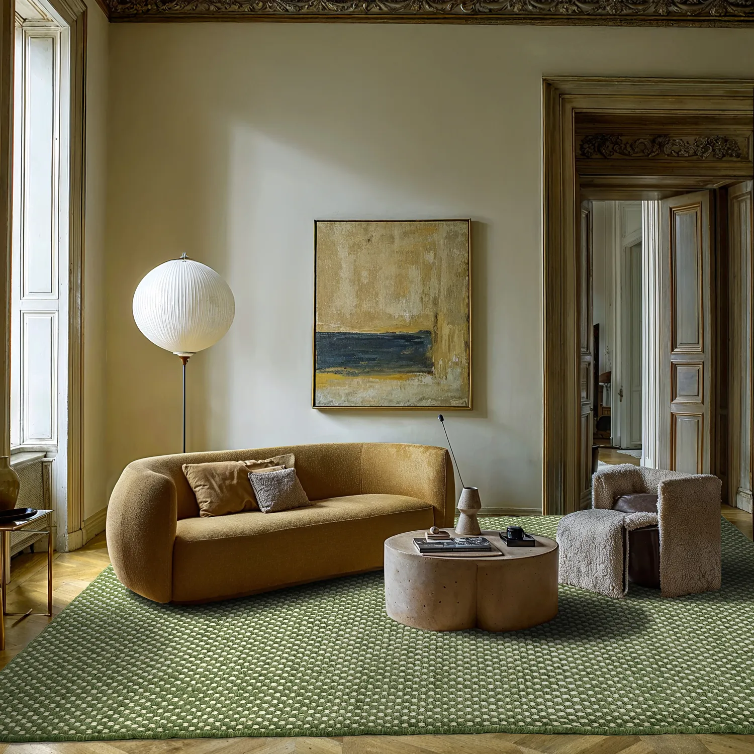 Vlnený koberec - Ovelia (zelený/biely)