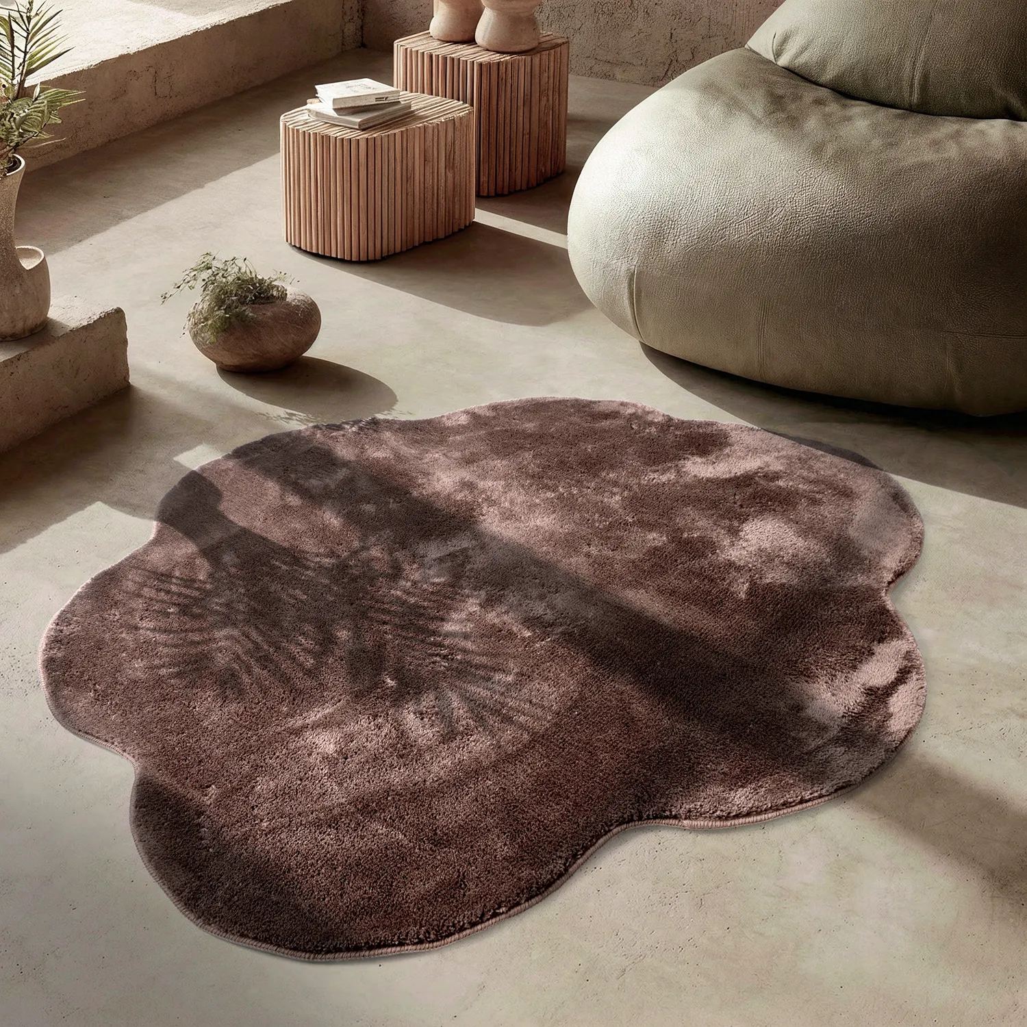 Vågig Rund Matta - Aranga Super Soft Fur (mörkbrun)