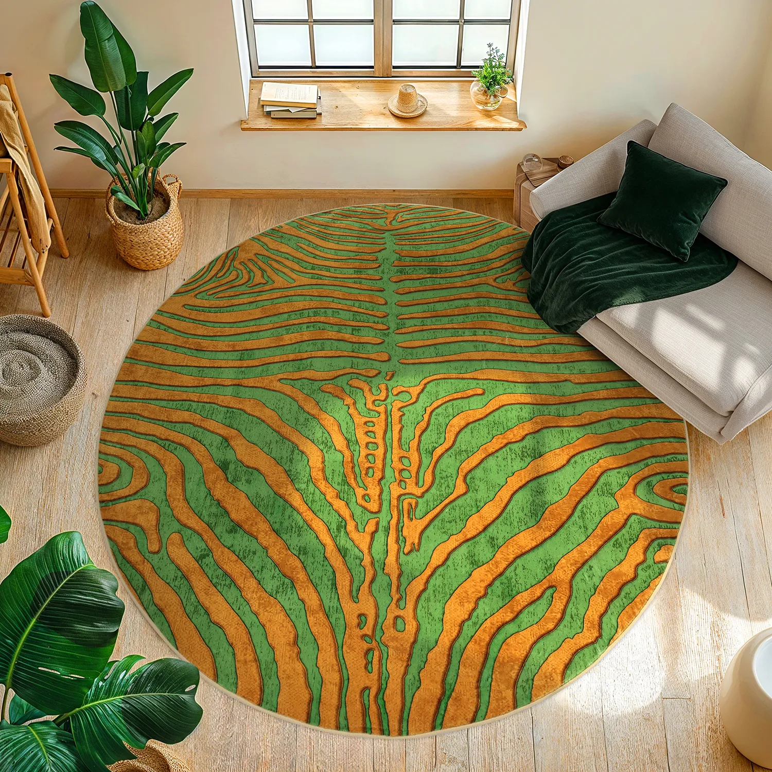 Kruhový koberec - Zebra (zelená/oranžová)
